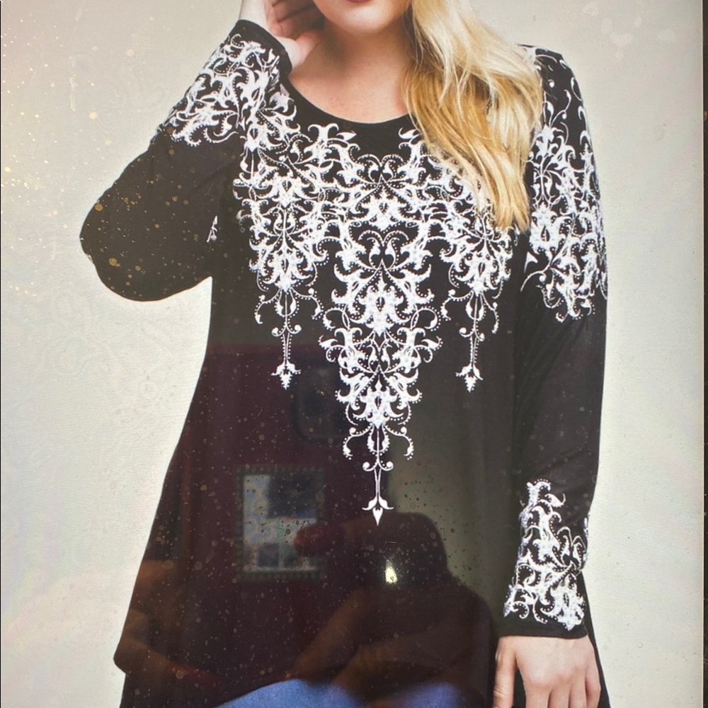 Vocal Black & White Crystal Rhinestone Western Print Tunic Top - NWT Size 3X